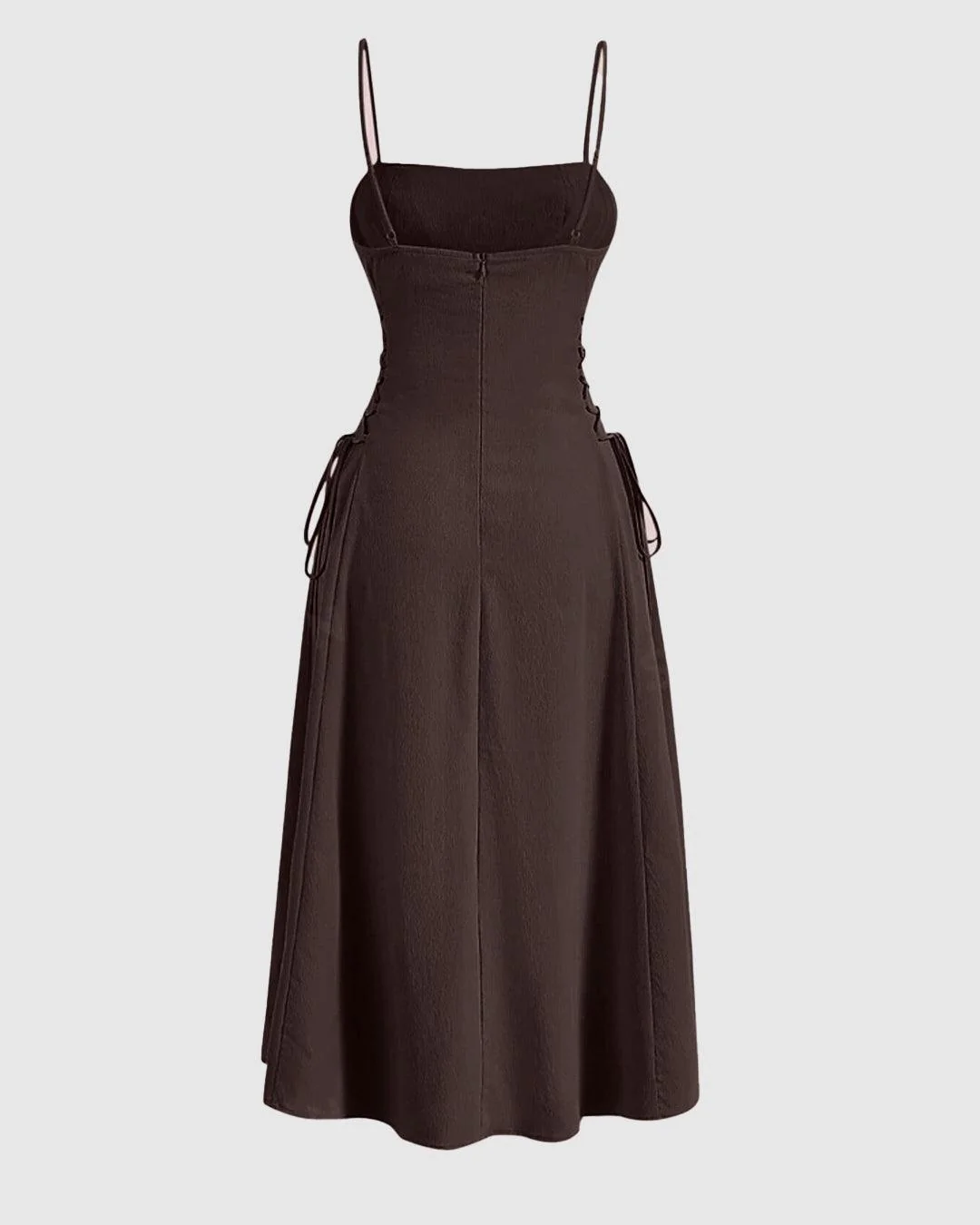 Ruched Bust Lace Up Side Spaghetti Straps Coco Brown Cami Dress - Image 2