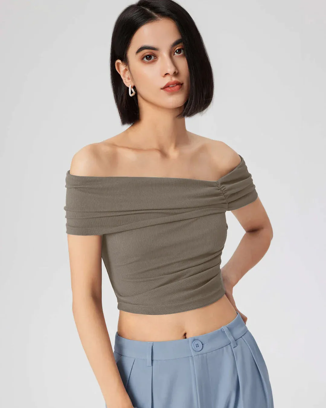 Ruched Off-Shoulder Short Sleeve Crop Top In Grey - Image 3