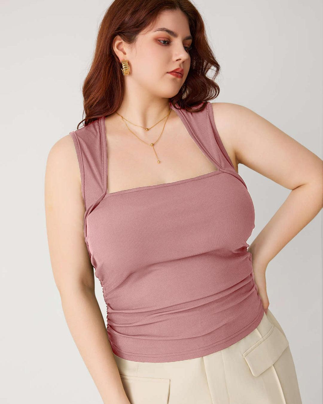 Ruched Square Neck Pink Crop Top Curve & Plus