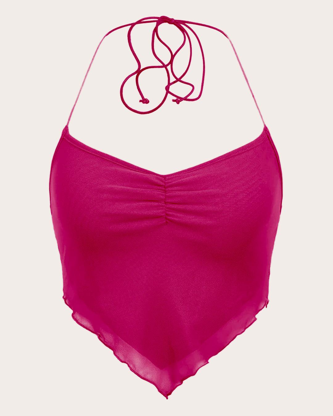 Y2K Ruched Tie Backless Hot Pink Mesh Top