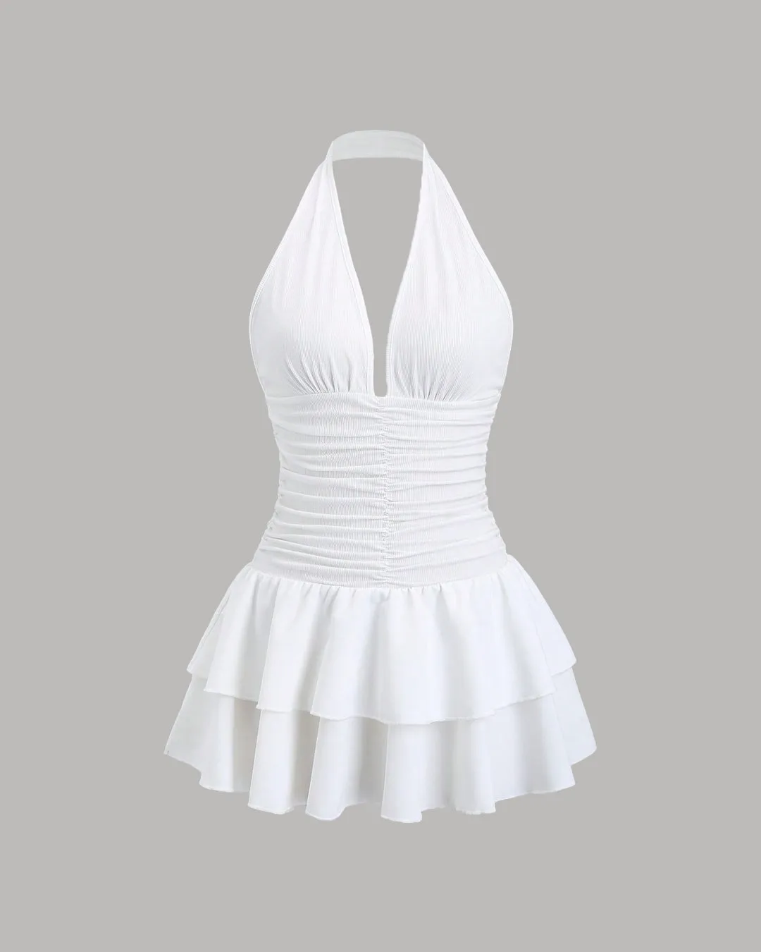 Ruched White Halter Neck Mini Dress with Tiered Layers