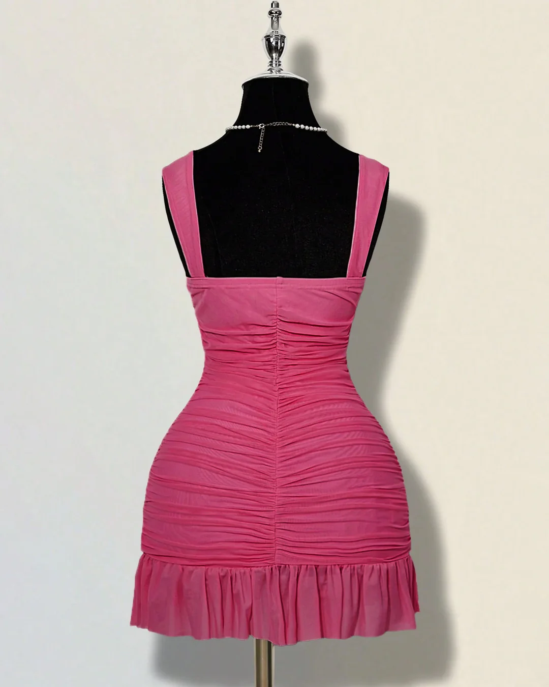 Ruffle Hem Square Neck Mini Fitted Dress in Barbie Pink - Image 2