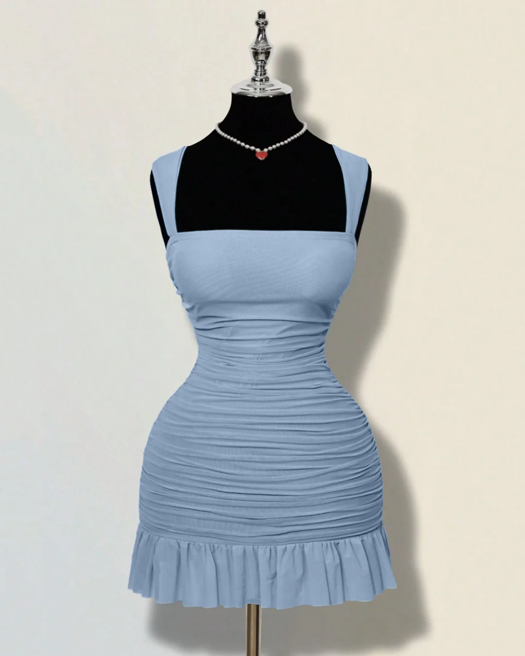 Ruffle Hem Square Neck Mini Fitted Dress in Dusty Blue