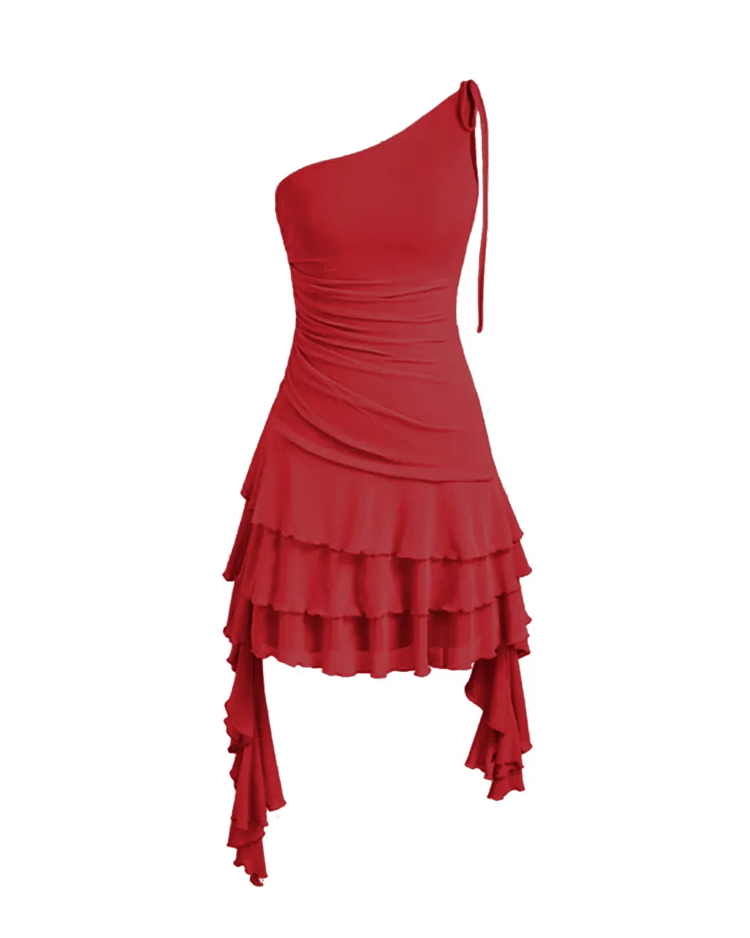 Ruffle Trimmed Asymmetrical One Shoulder Red Mini Dress