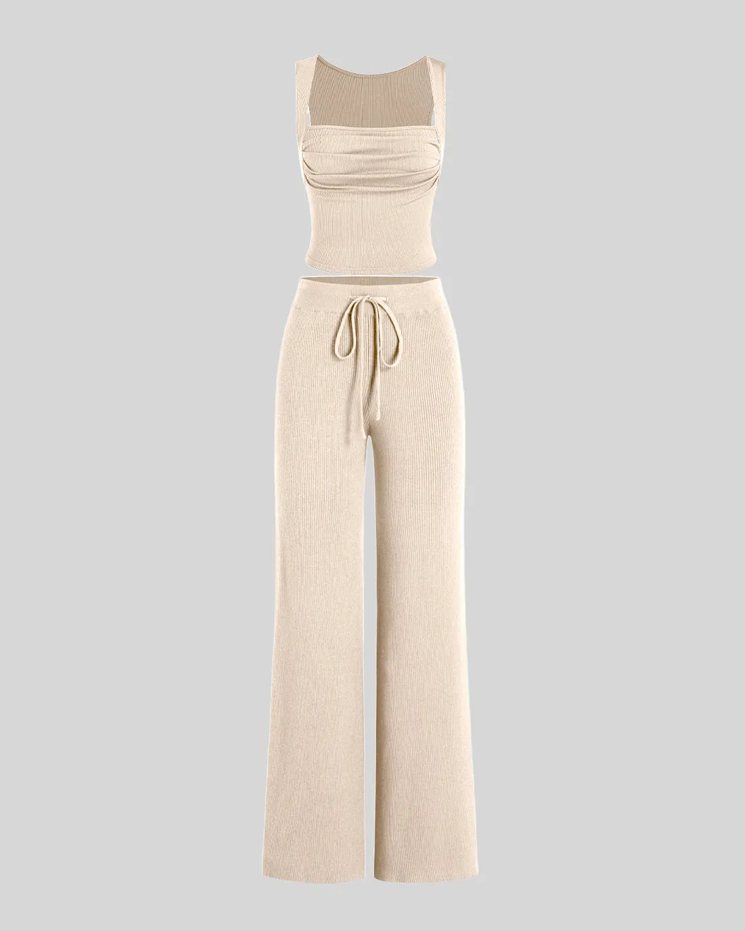 Set Of Two Ruched Square Neck Crop Top With Trouser In Apricot