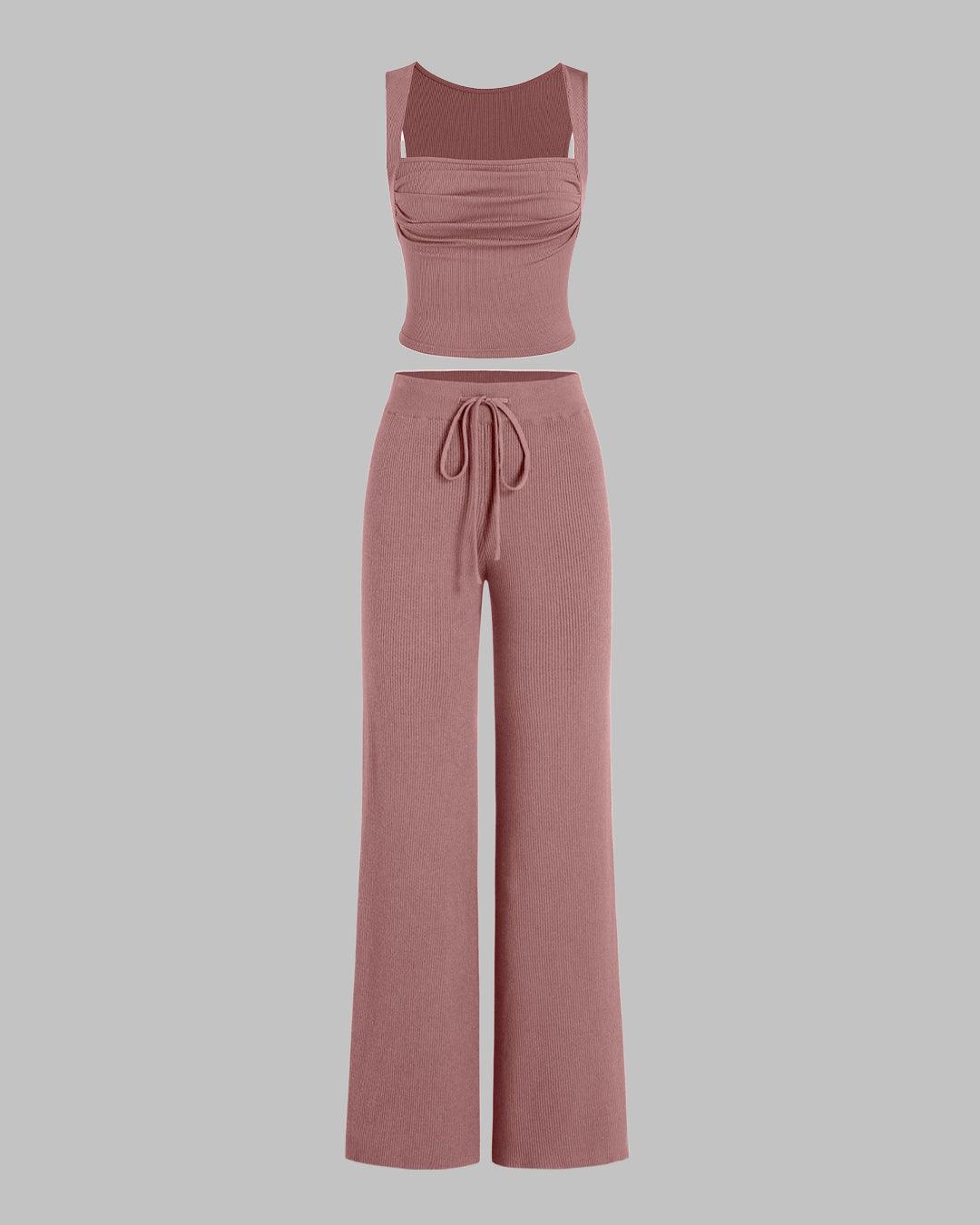 Set Of Two Ruched Square Neck Crop Top With Trouser In Blush Pink