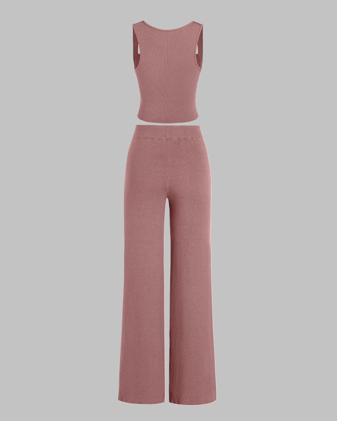 Set Of Two Ruched Square Neck Crop Top With Trouser In Blush Pink - Image 2