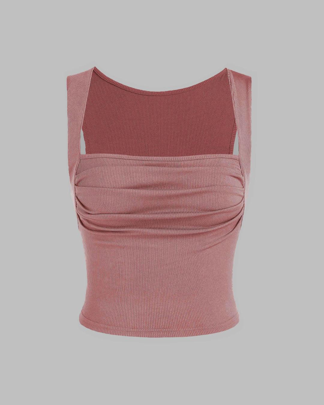 Set Of Two Ruched Square Neck Crop Top With Trouser In Blush Pink - Image 3