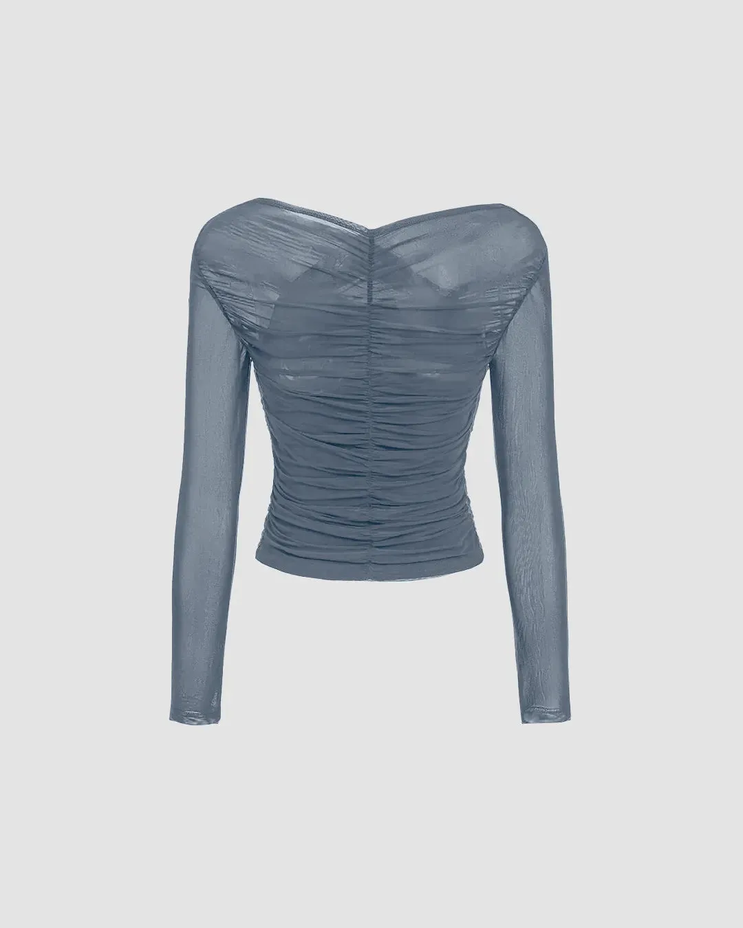 Sheer Mesh Long Sleeve Ruched Wrap Top In Grey - Image 2