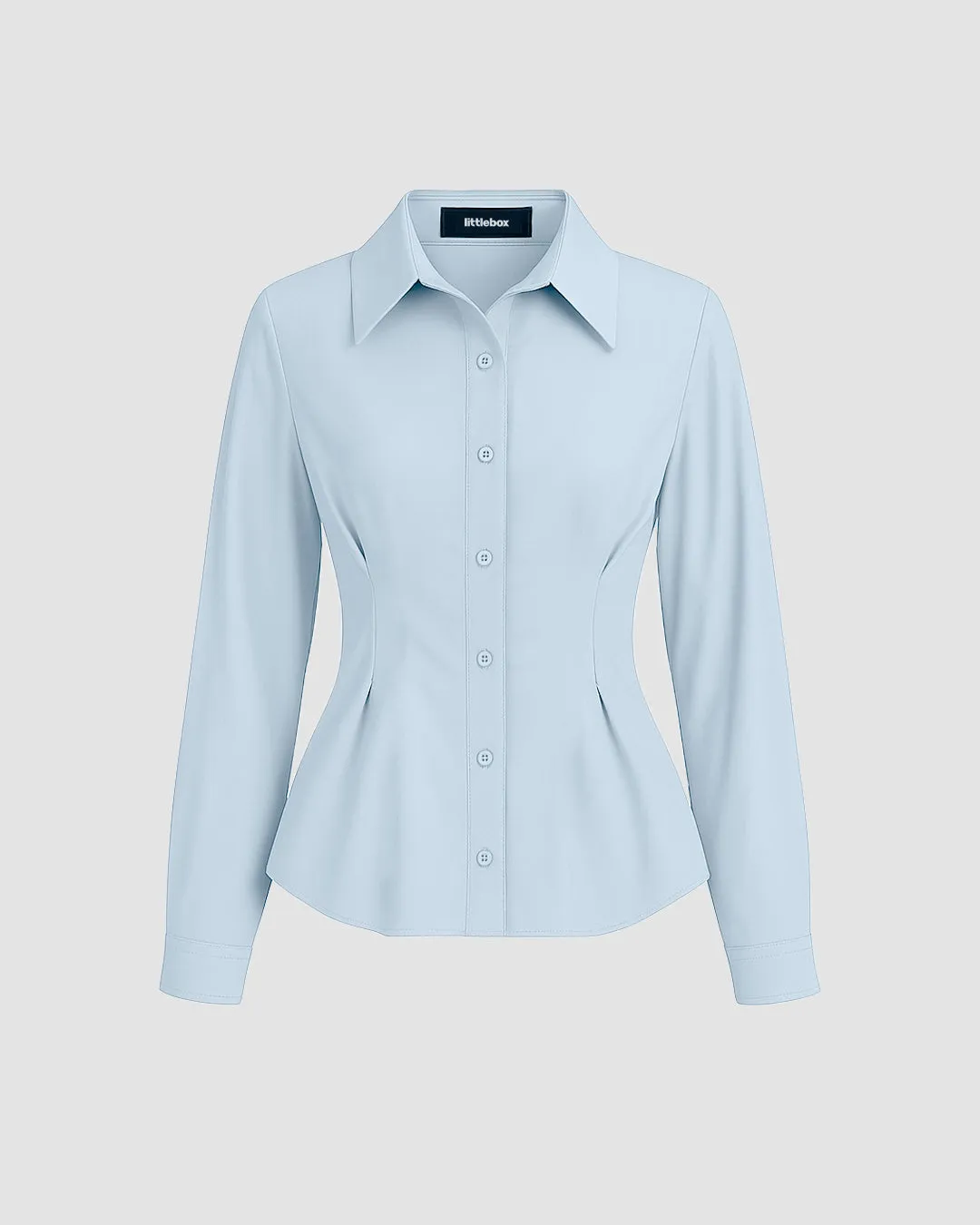 Sky Blue Solid Fitted Button-Down Shirt with Peplum Hem