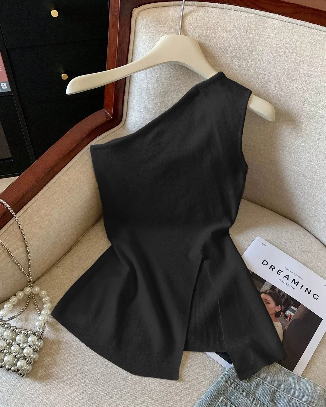 Sleeveless Side Slit Crop Top in Black - Image 2