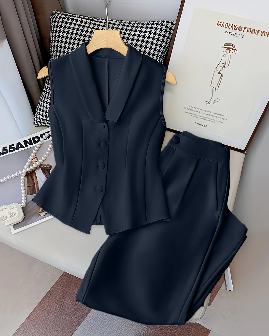 Sleeveless V-Neck Vest Button Front White Blazer Top and High-Waisted A-Line Pants in Navy Blue