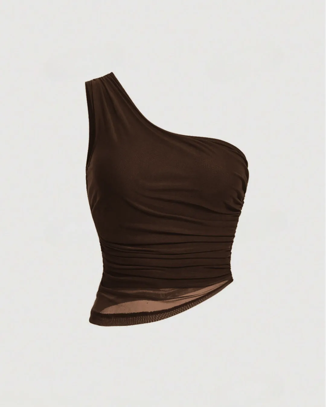 Solid Asymmetrical Neck Ruched Detail Coco Brown Crop Top