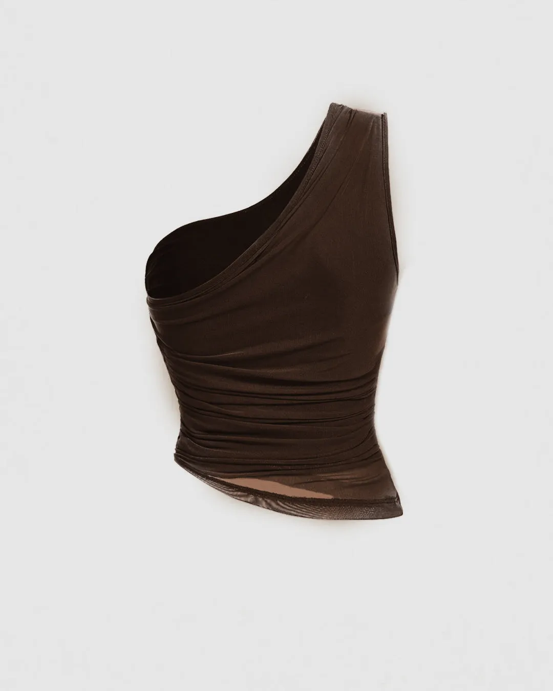 Solid Asymmetrical Neck Ruched Detail Coco Brown Crop Top - Image 2