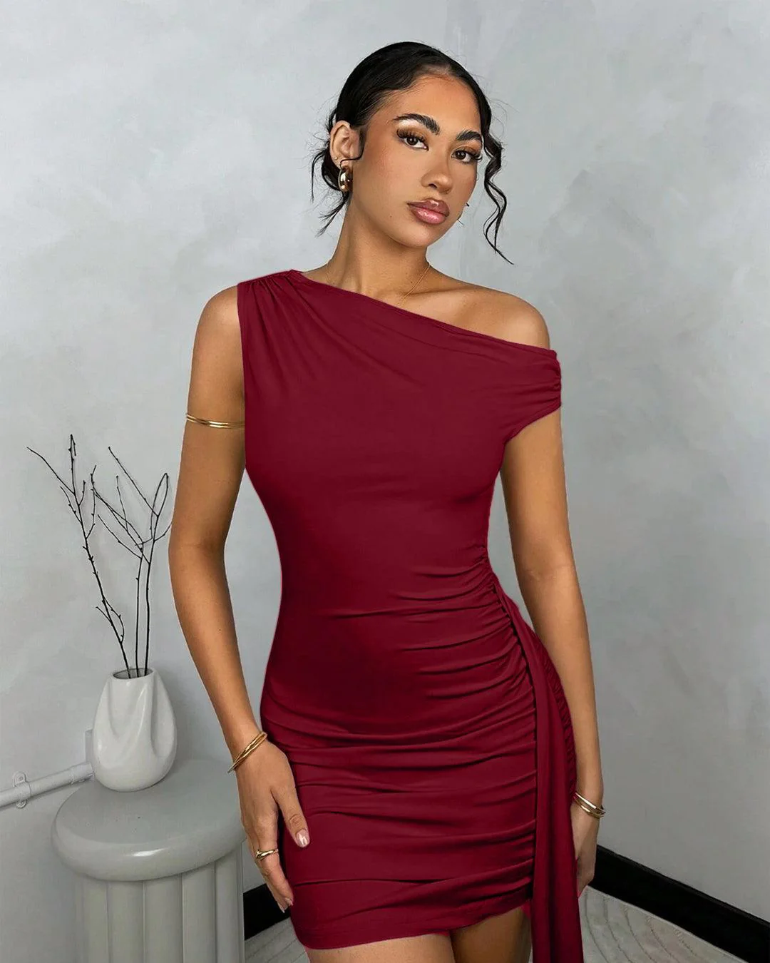 Solid Color Asymmetric Ruched Tie Bodycon Mini Dress