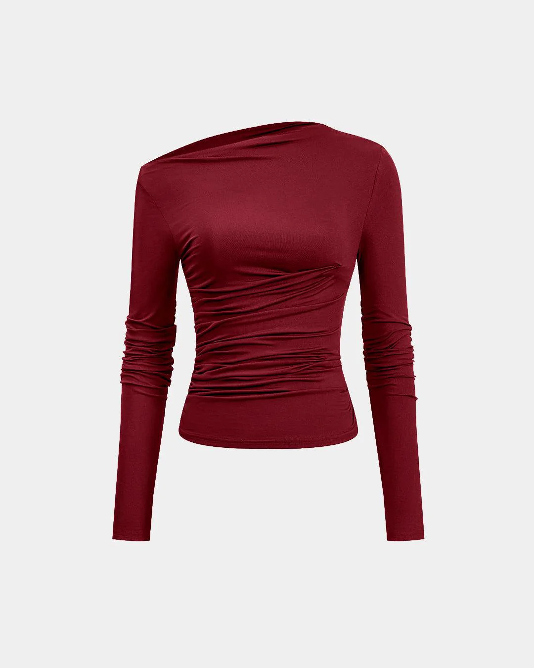 Solid Color Asymmetrical Ruched Long-Sleeve Top In Redberry
