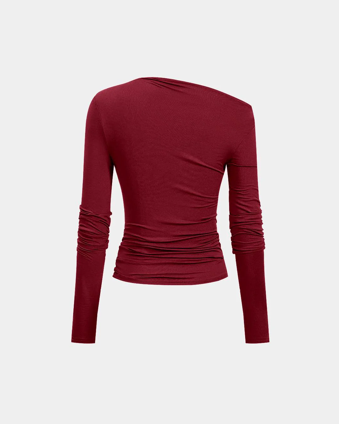 Solid Color Asymmetrical Ruched Long-Sleeve Top In Redberry - Image 2