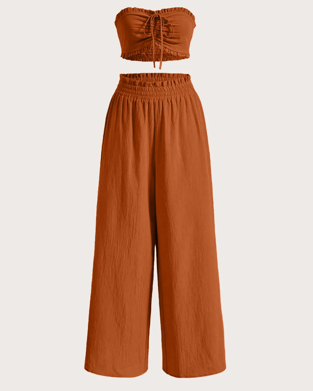 Solid Color Bandeau Top With Pleated Detailing & Wide-Leg Pant Set In Rust Orange