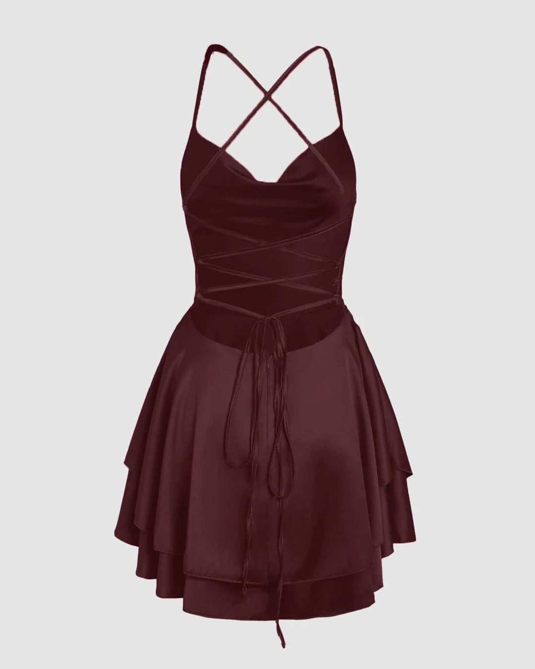 Solid Color Cowl Neck Cross Spaghetti Strap Backless Boho Dress In Wine - Image 2