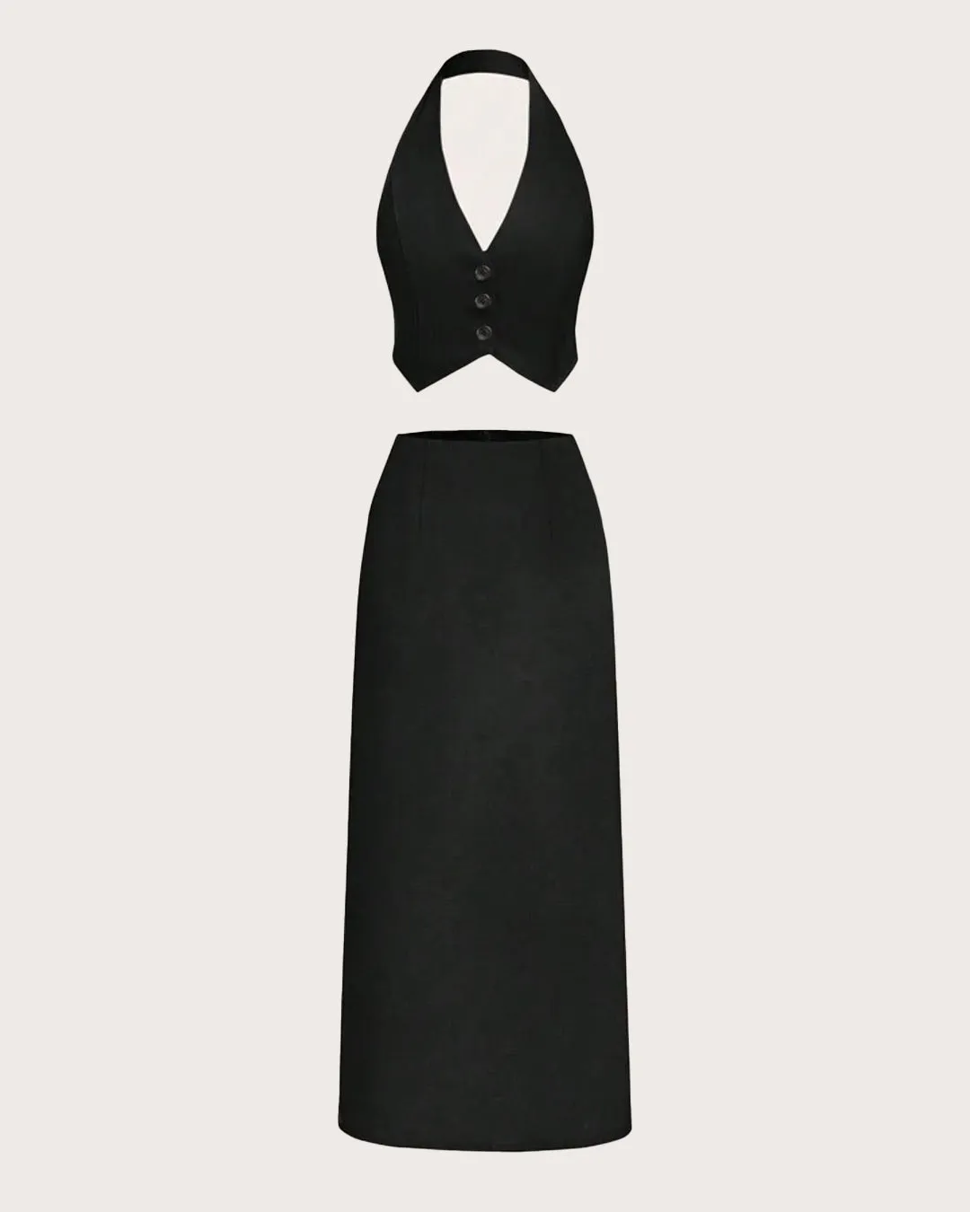 Solid Color Crop Hang Neck Vest & High Slit Straight Skirt