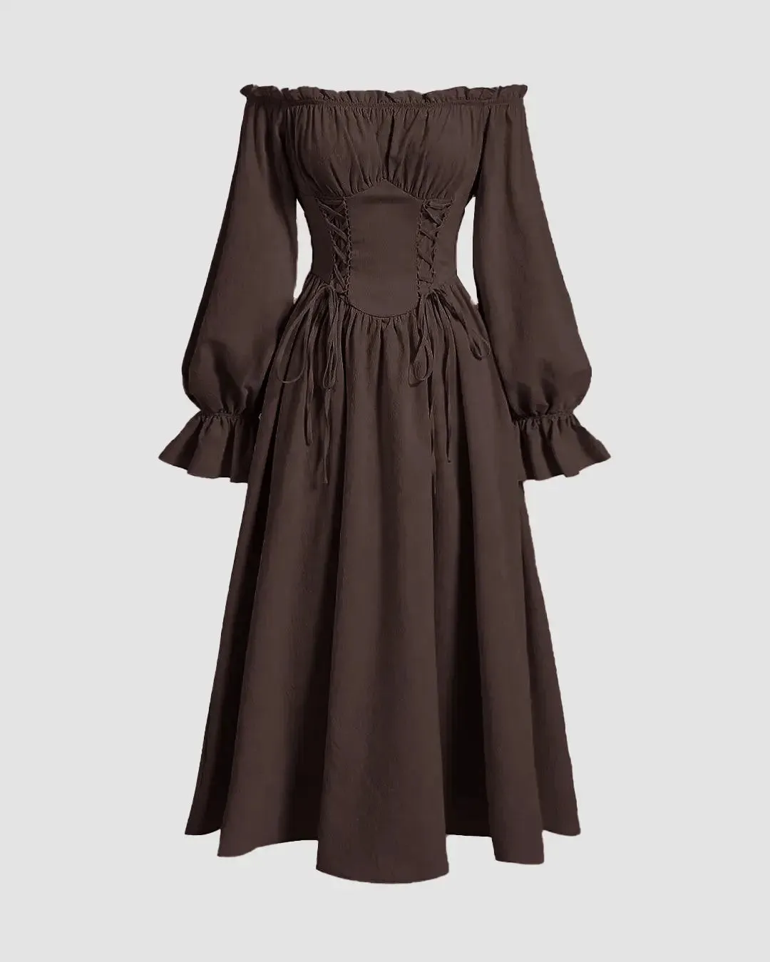 Solid Color Off-Shoulder Cross-Tie Waist Flared Sleeve Dress In Chocolate Brown