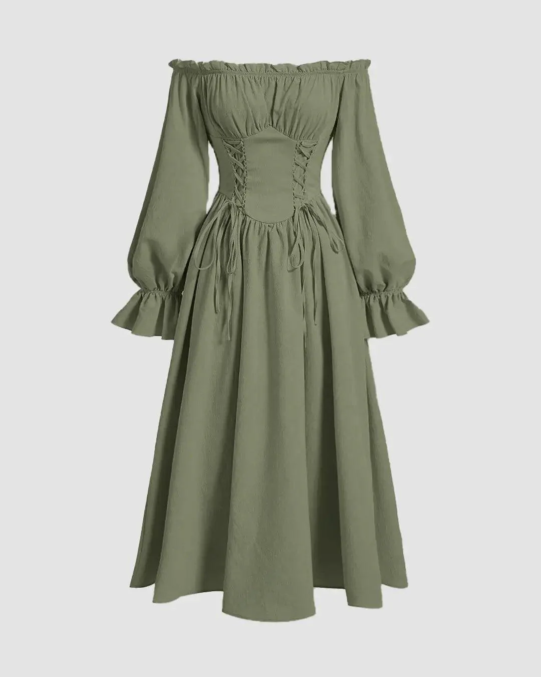 Solid Color Off-Shoulder Cross-Tie Waist Flared Sleeve Dress In Herbal Green