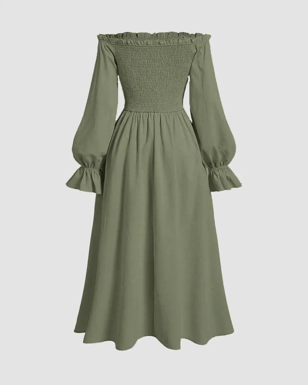 Solid Color Off-Shoulder Cross-Tie Waist Flared Sleeve Dress In Herbal Green - Image 2