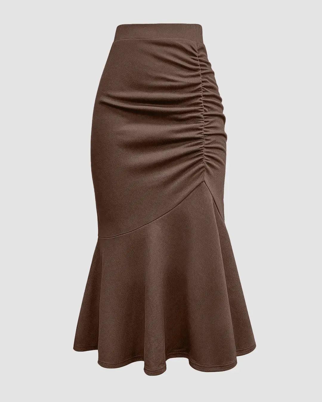 Solid Color Pleated Mermaid Long Brown Skirt