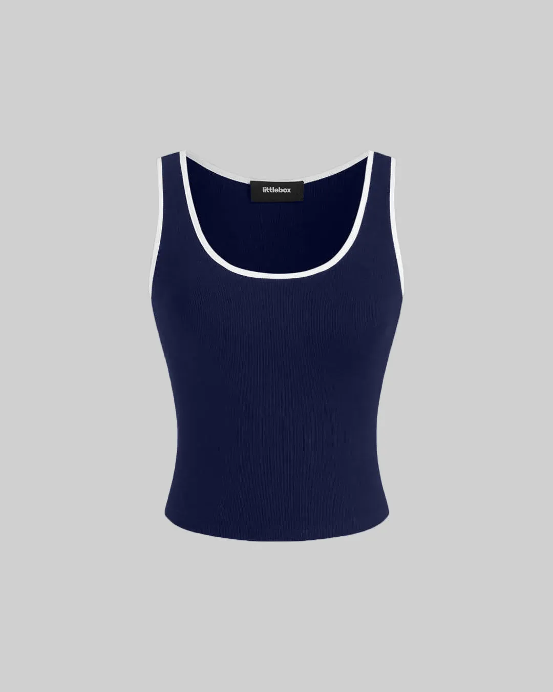 Solid Color Round Neck Ribbed Tank Top In Navy Blue