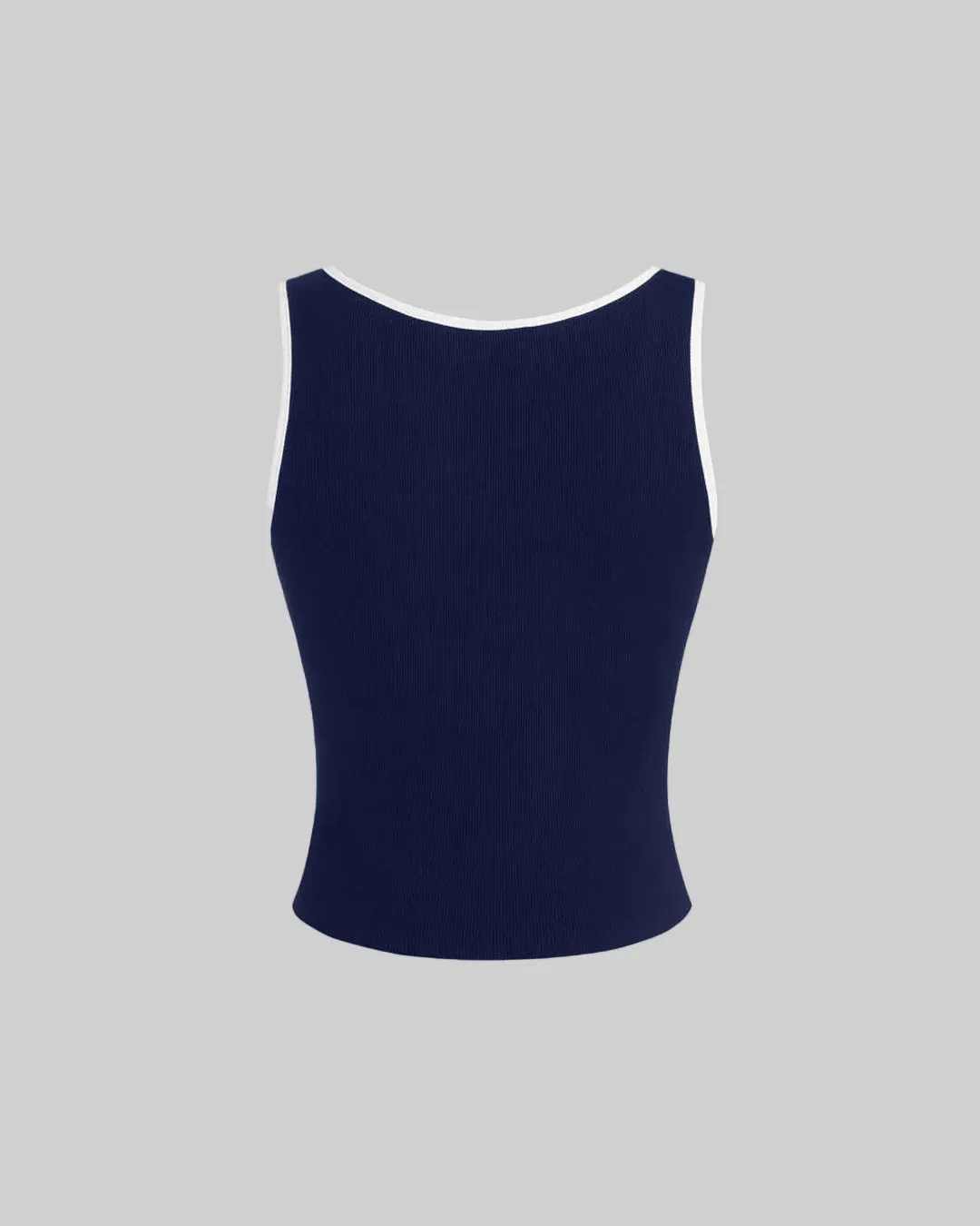 Solid Color Round Neck Ribbed Tank Top In Navy Blue - Image 2