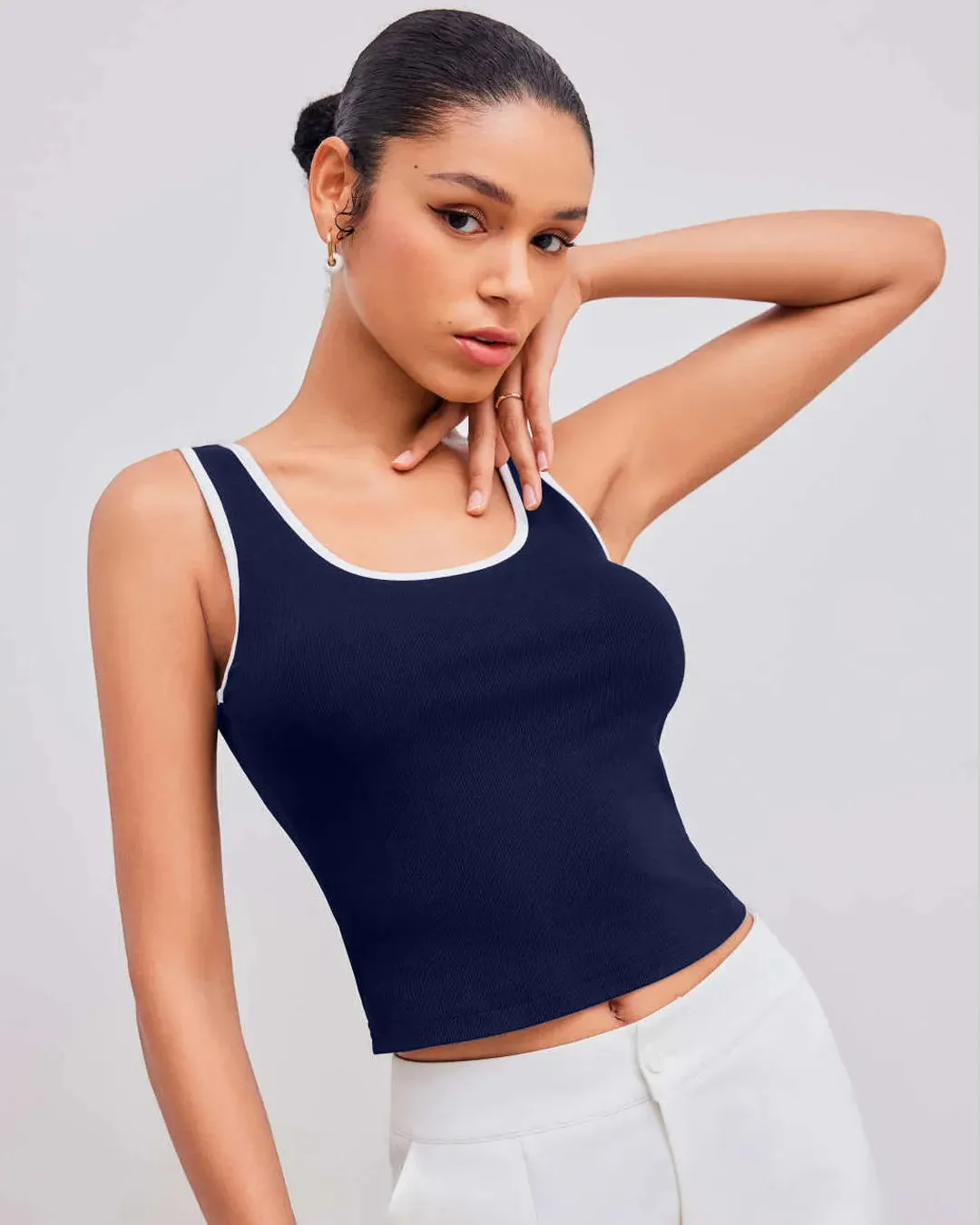 Solid Color Round Neck Ribbed Tank Top In Navy Blue - Image 3