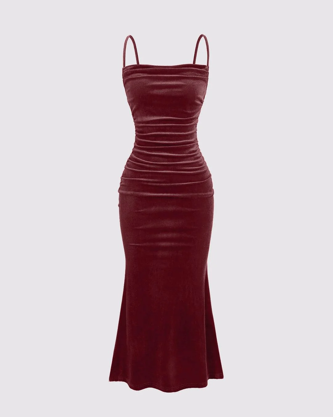 Solid Color Spaghetti Strap Ruched Mermaid Dress In Rose Gold