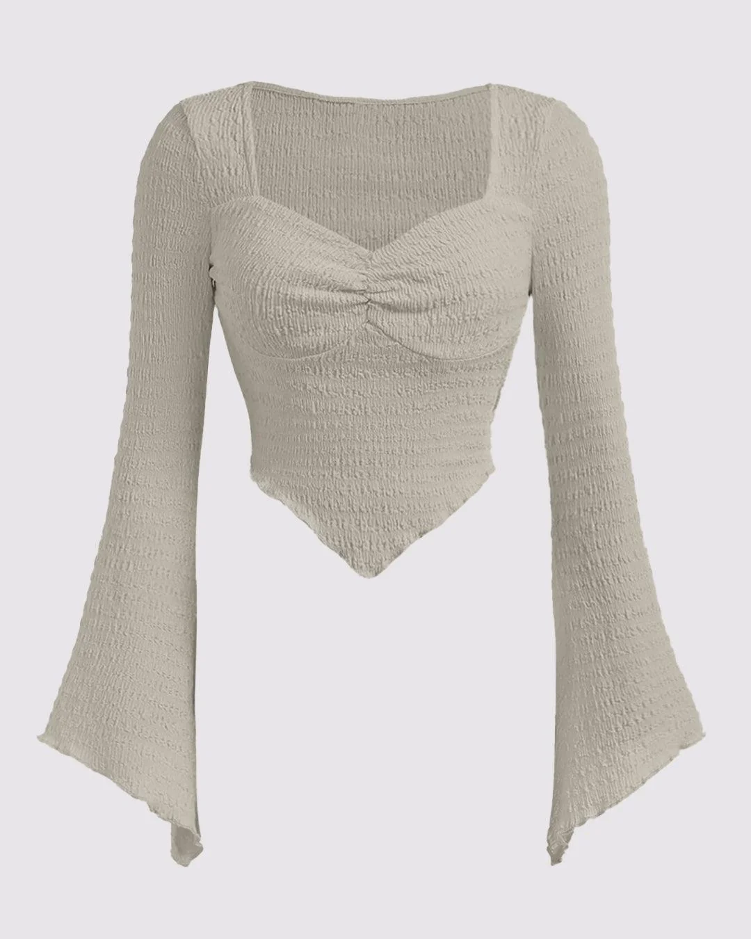 Solid Color Textured Heart Neck Flare Sleeve Casual Long Sleeve Top In Grey