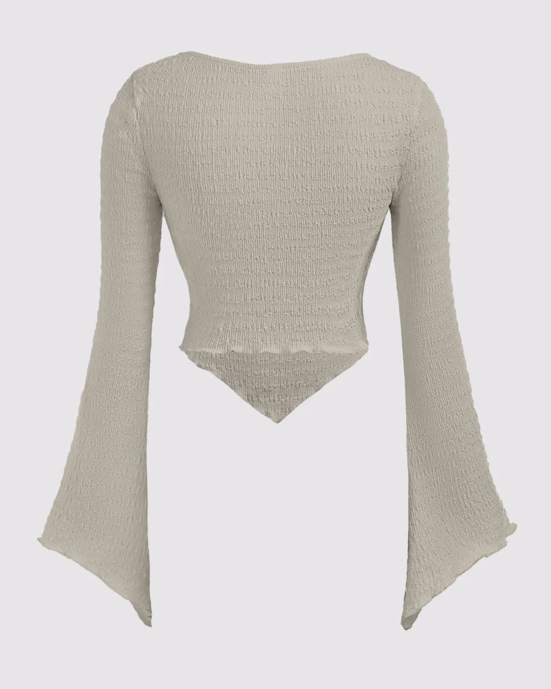 Solid Color Textured Heart Neck Flare Sleeve Casual Long Sleeve Top In Grey - Image 2