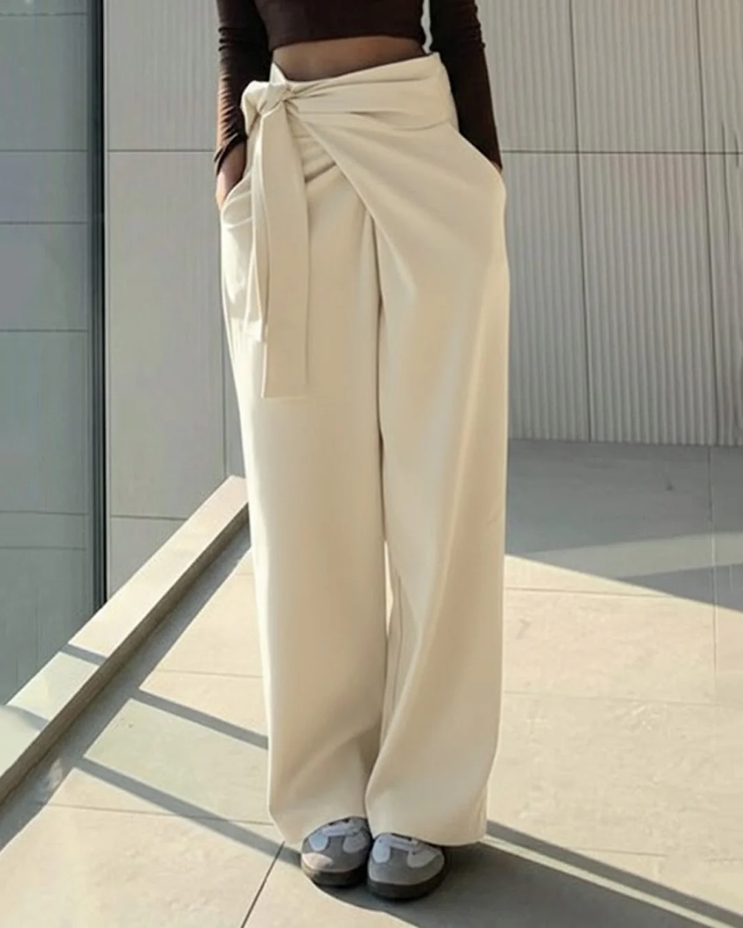 Solid Color Tie-Up Long Casual Pants in Beige