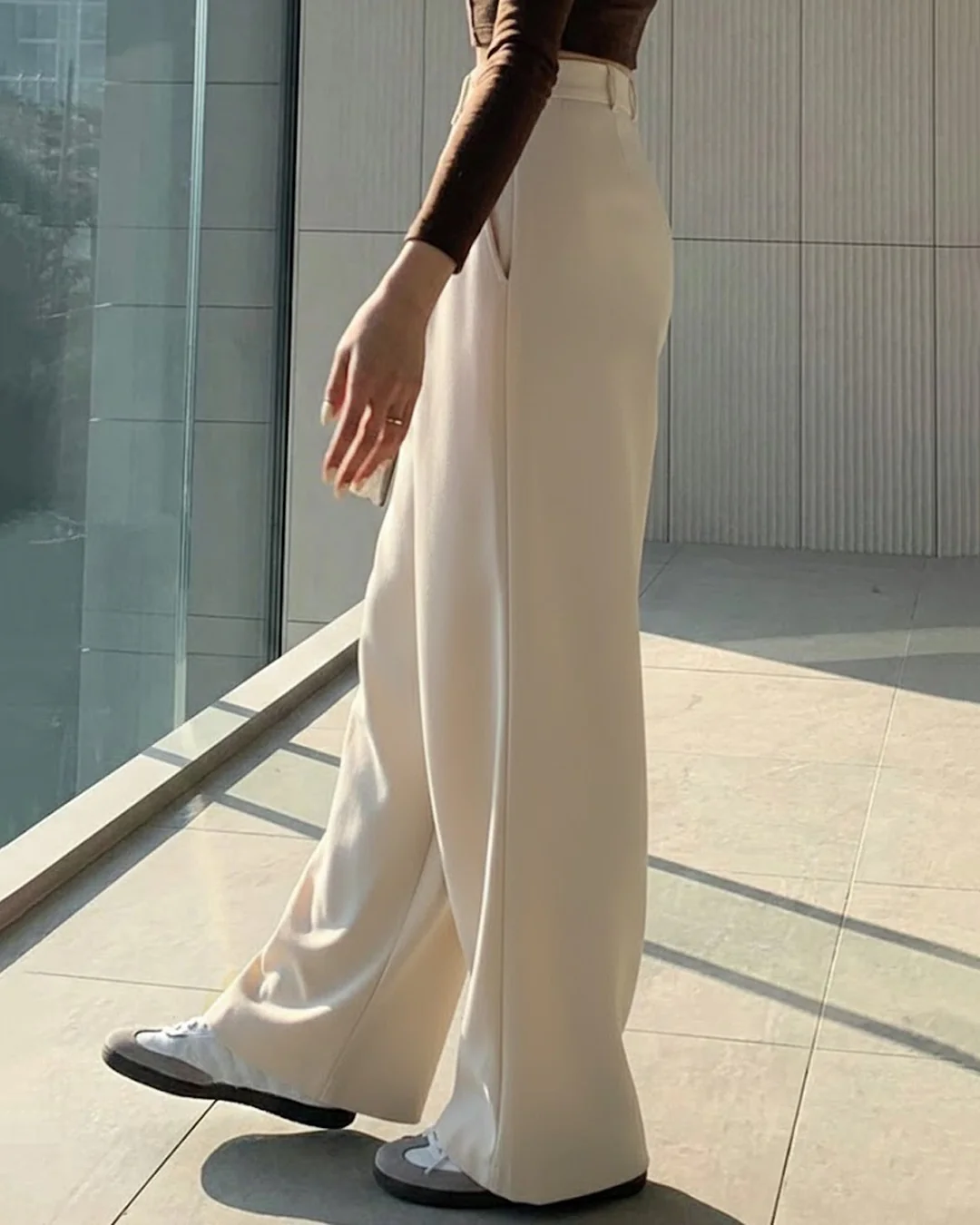 Solid Color Tie-Up Long Casual Pants in Beige - Image 2
