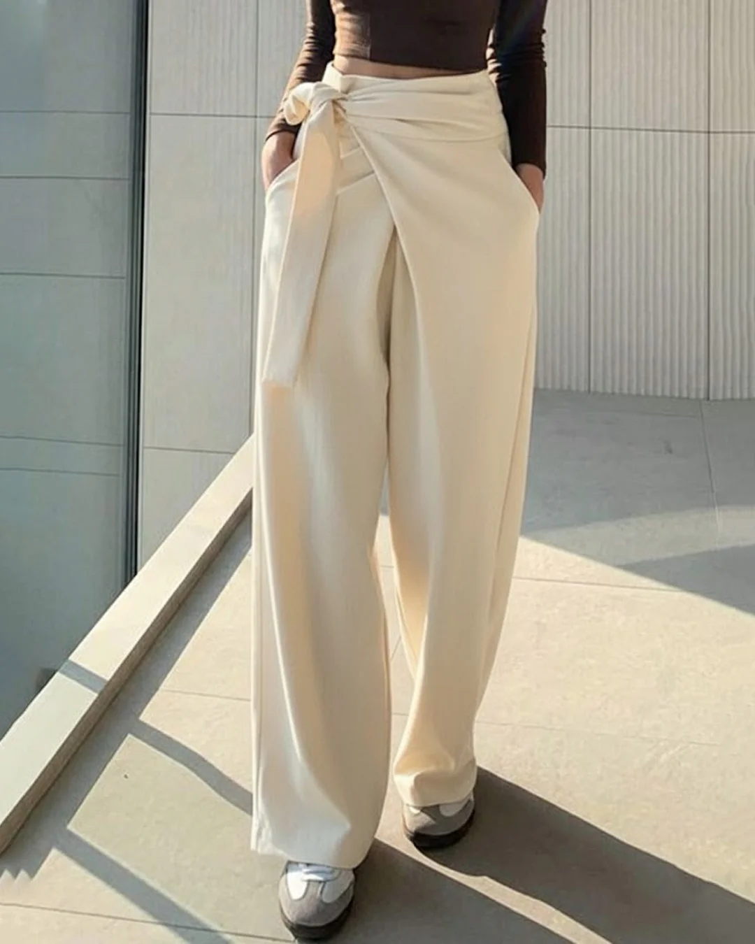 Solid Color Tie-Up Long Casual Pants in Beige - Image 3
