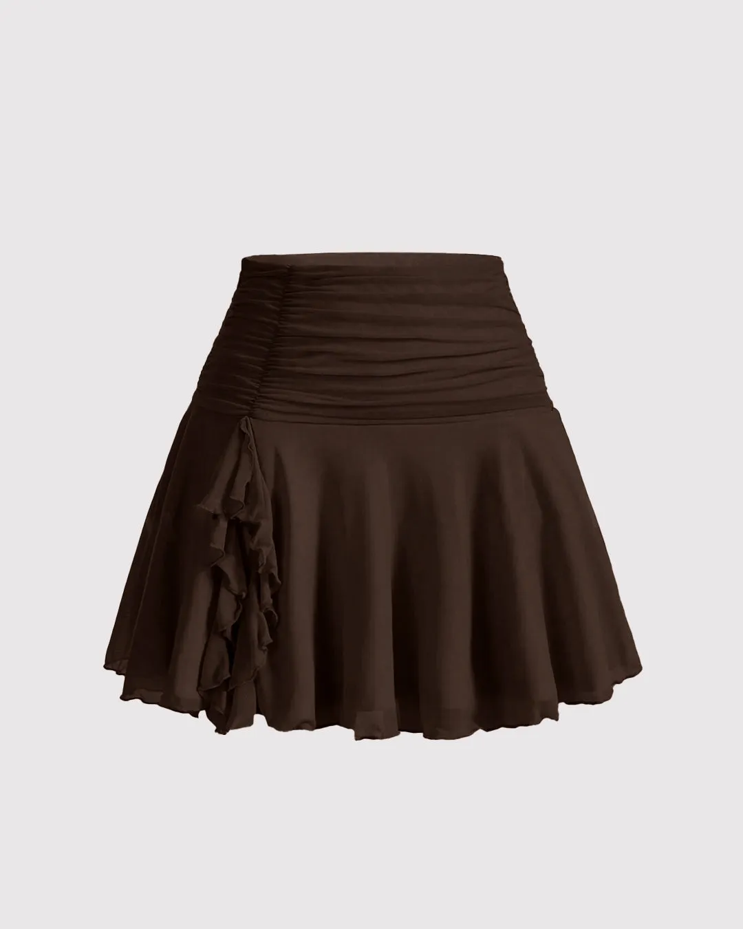 Solid High Waisted Ruched Ruffle Mesh Short Skirt In Chocolate Brown