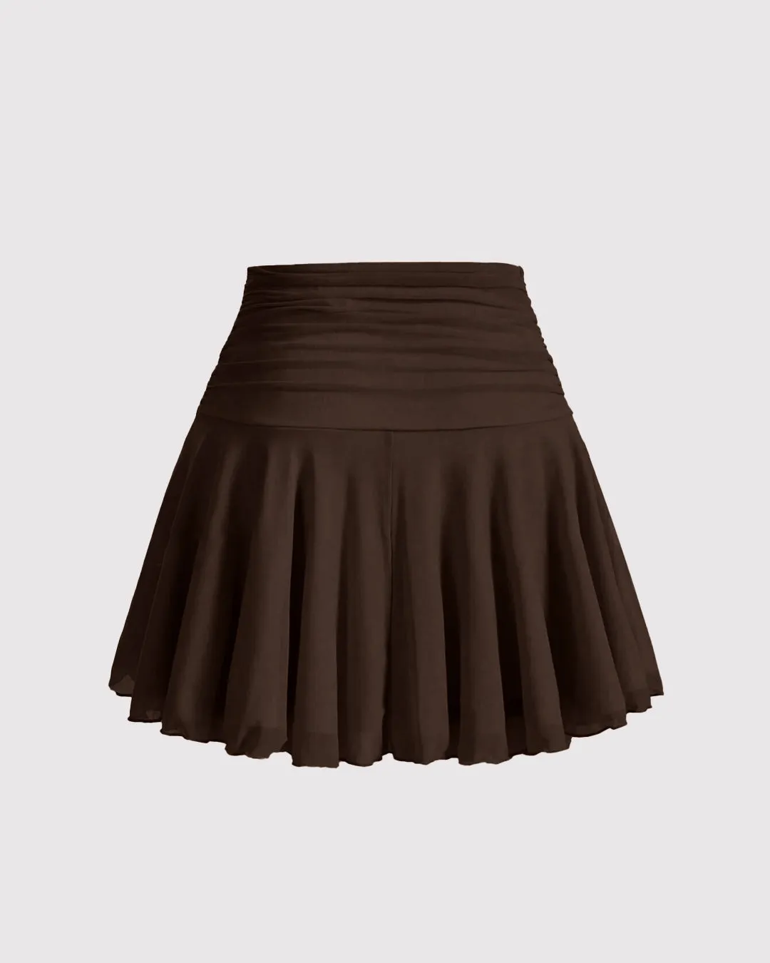Solid High Waisted Ruched Ruffle Mesh Short Skirt In Chocolate Brown - Image 2
