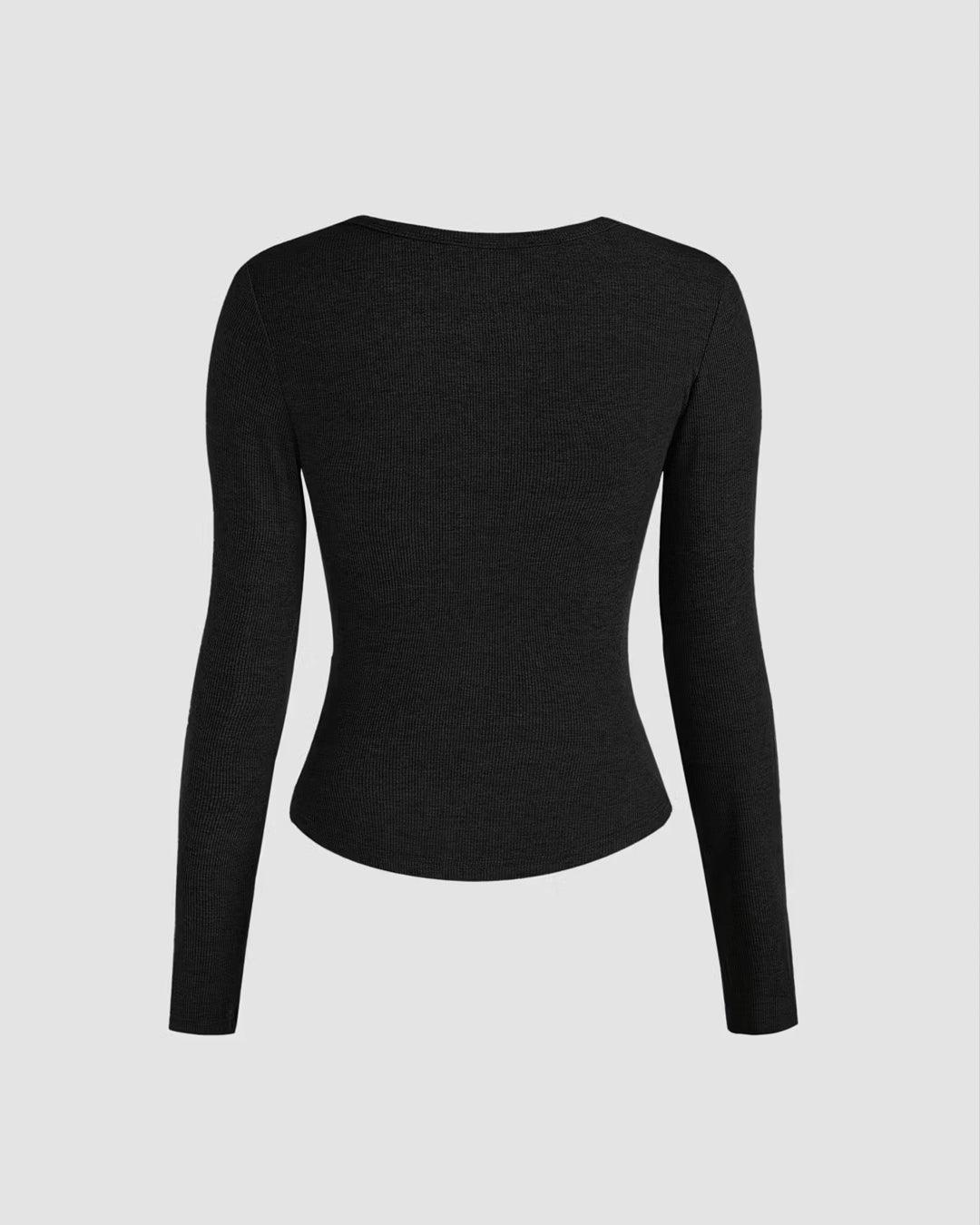 Solid Knit Symmetrical Neck Cut Out Long Sleeve Black Top - Image 2