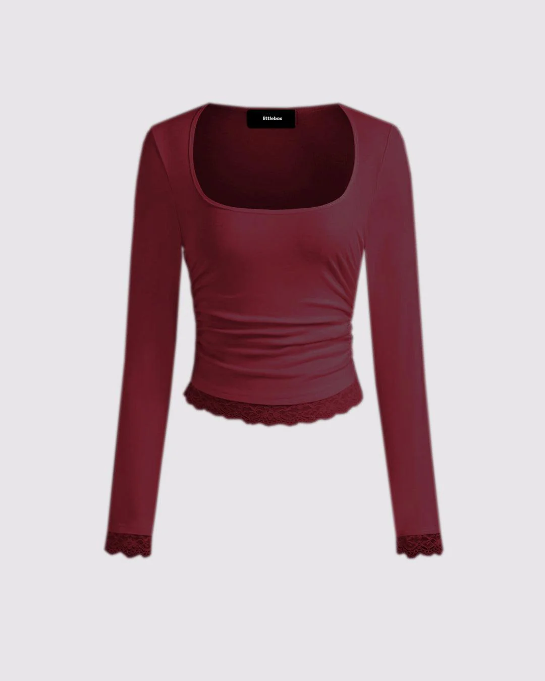 Solid Long Sleeve Bottom Lace Square Neck Cherry Red Top