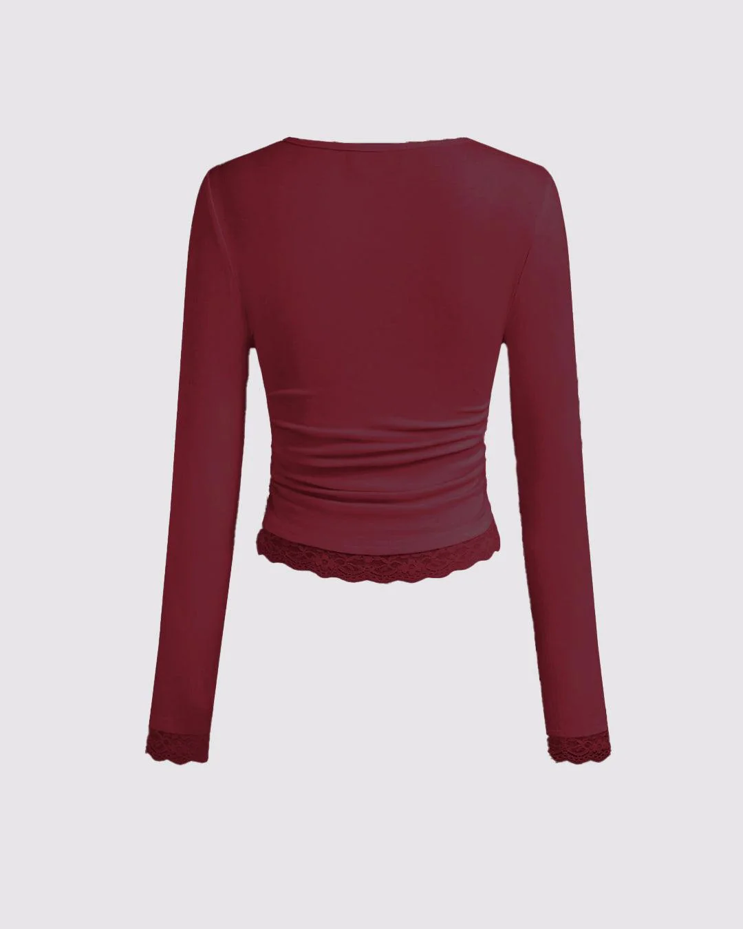 Solid Long Sleeve Bottom Lace Square Neck Cherry Red Top - Image 2