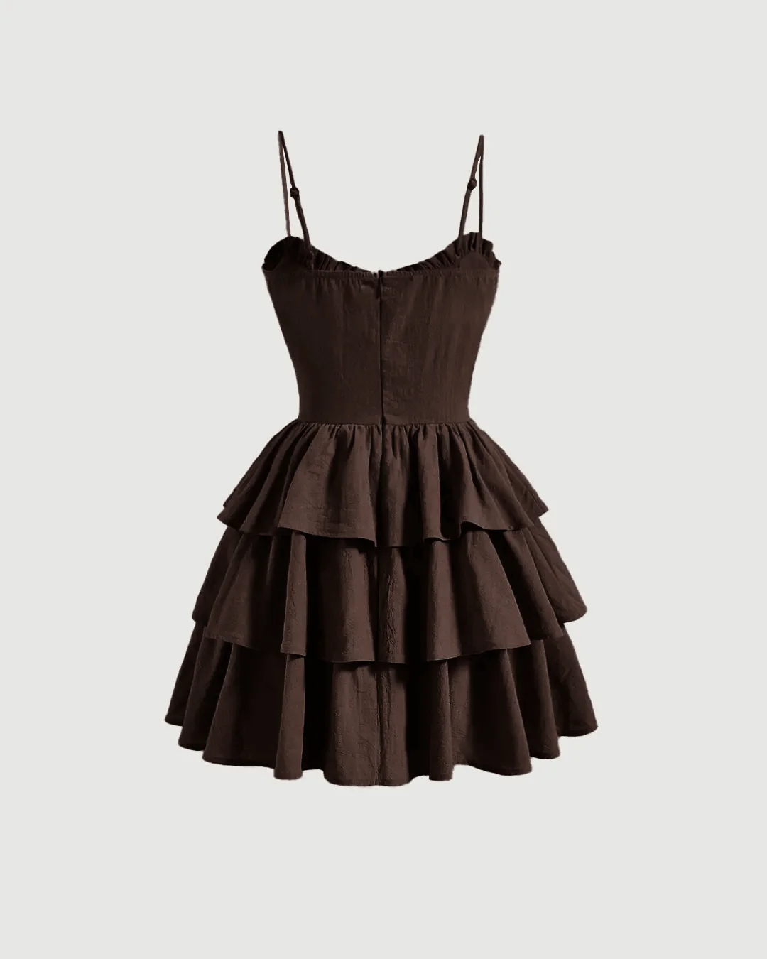 Solid Ruched Bust Ruffle Hem Cami Dress In Chocolate Brown - Image 2