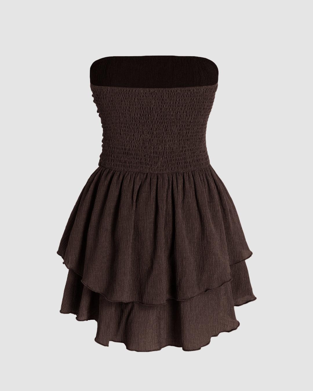 Solid Ruched Bust Ruffle Tube Dress In Chocolate Brown - Image 2