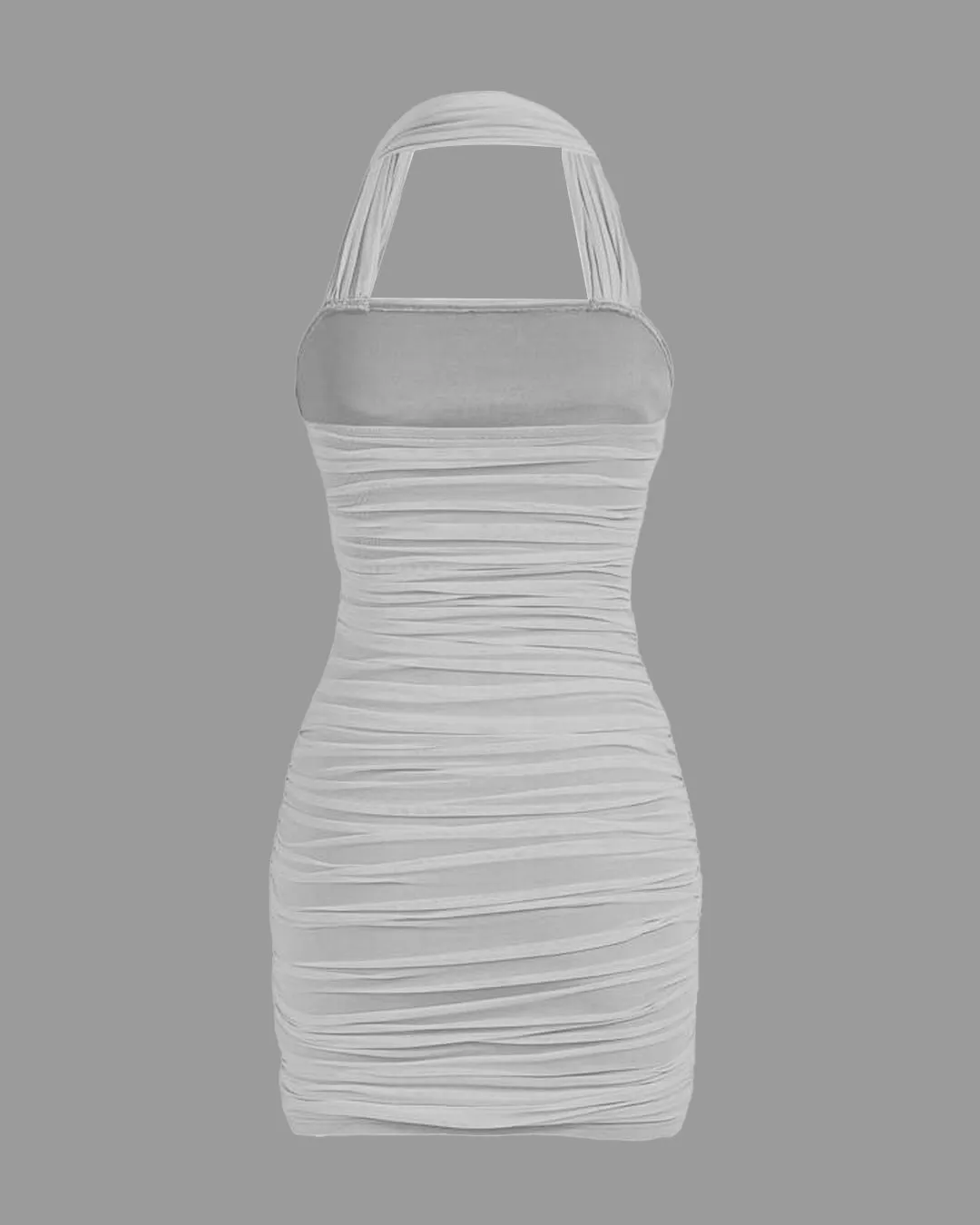 Solid Ruched Halter Bodycon White Dress - Image 2