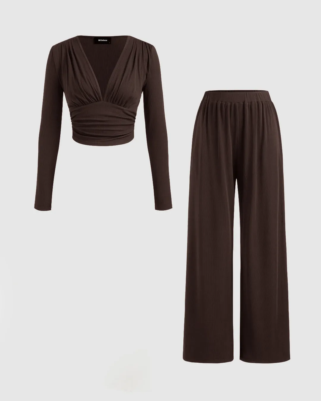 Solid Ruched Hoodie & Mid Rise Knotted Straight Leg Trousers Set In Chocolate Brown