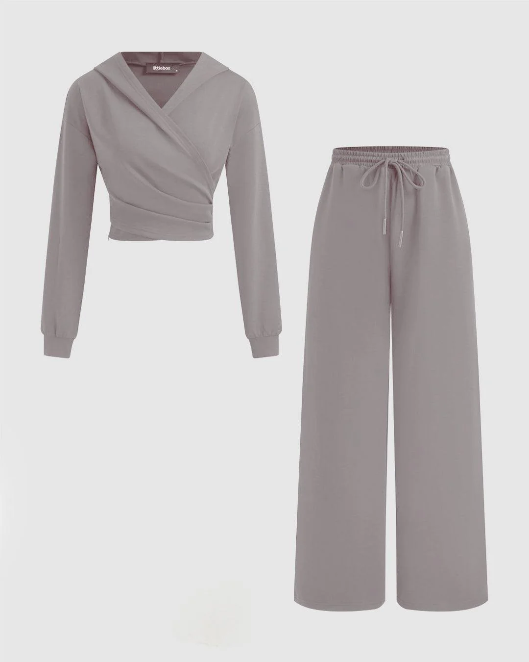 Solid Ruched Hoodie & Mid Rise Knotted Straight Leg Trousers Set In Mocha
