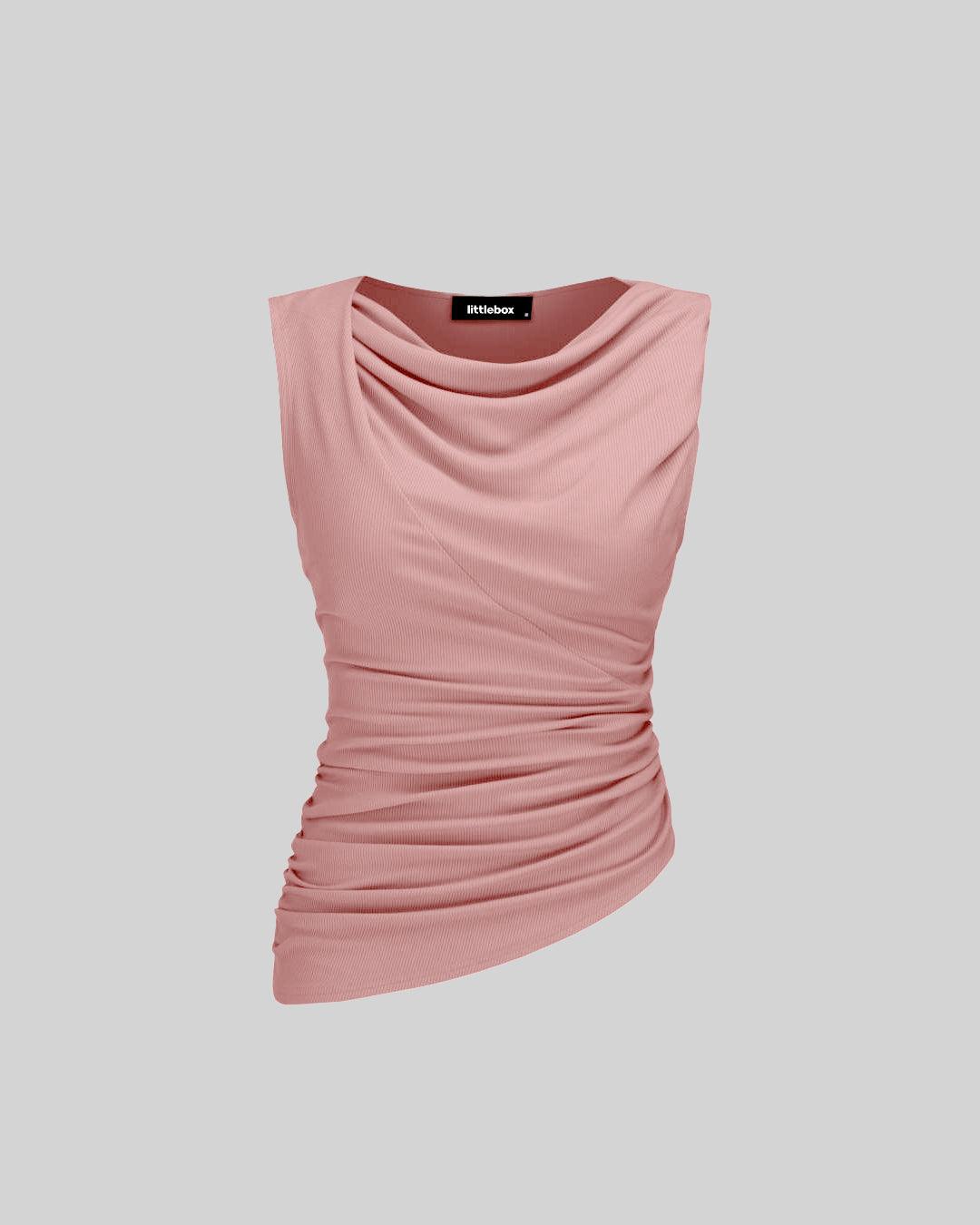 Solid Ruched Round Neck Crop Top In Pink