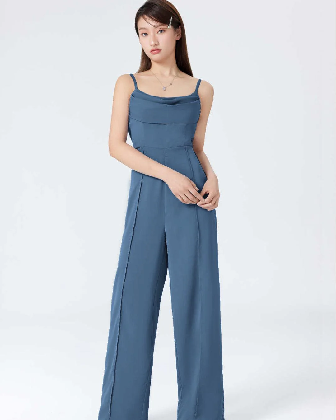 Solid Ruched Strappy-Sleeves Blue Jumpsuit - Image 3