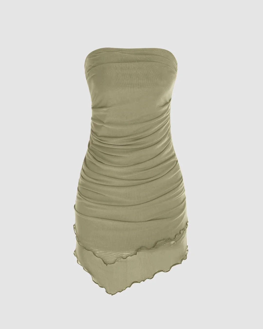 Solid Ruffle Ruched Tube Mini Dress In Green